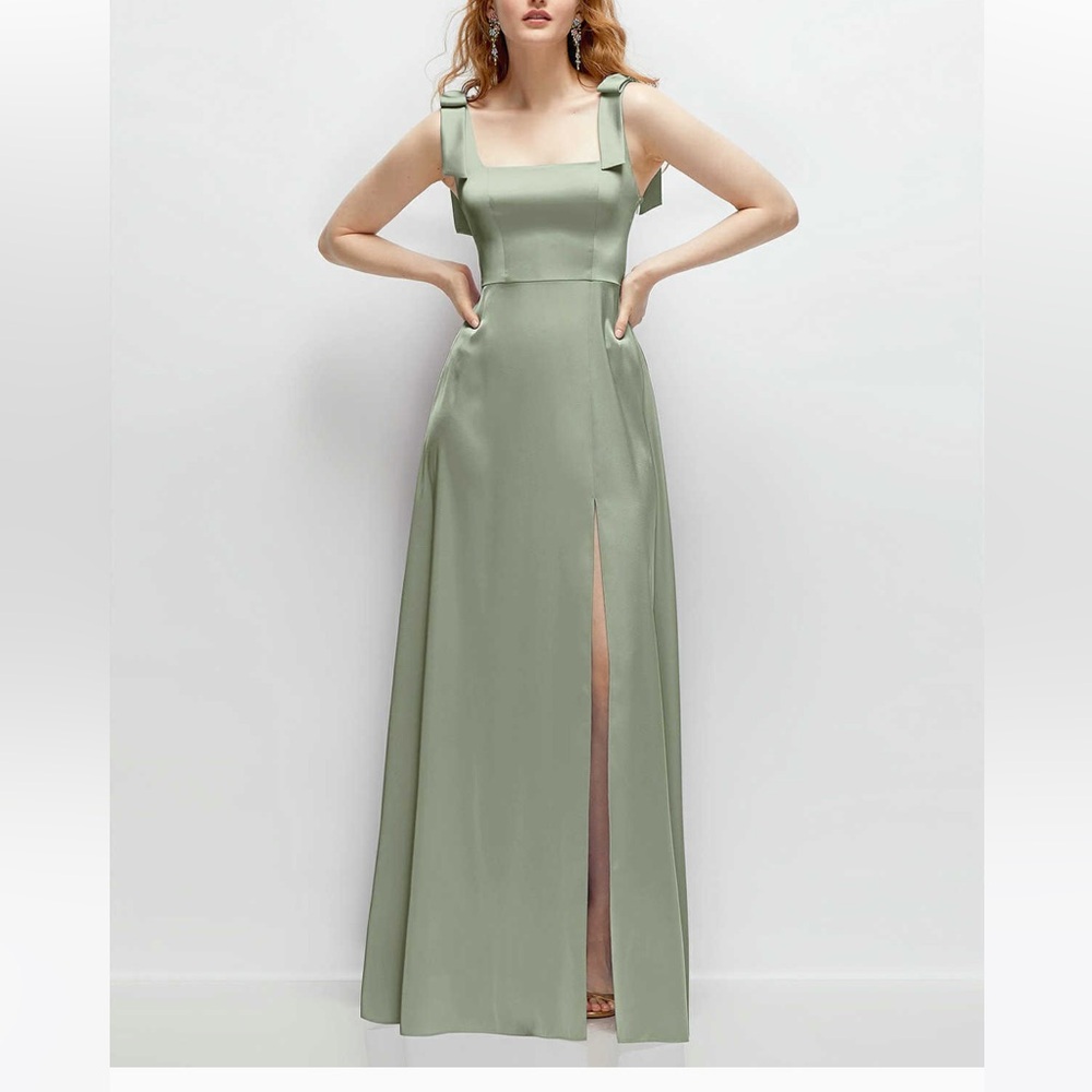After Six Sage Square Neck Satin Maxi Dress with Bow Straps - Size L